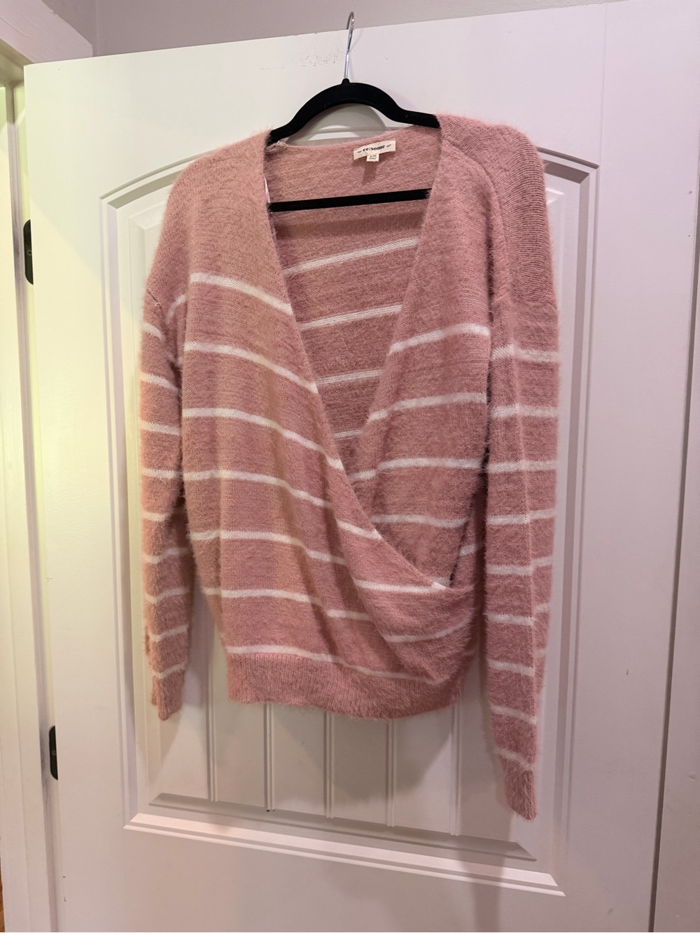 Striped Wrap-Front Pink Sweater